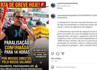 Rodoviários ameaçam paralisar em Manaus às 14h desta terça-feira